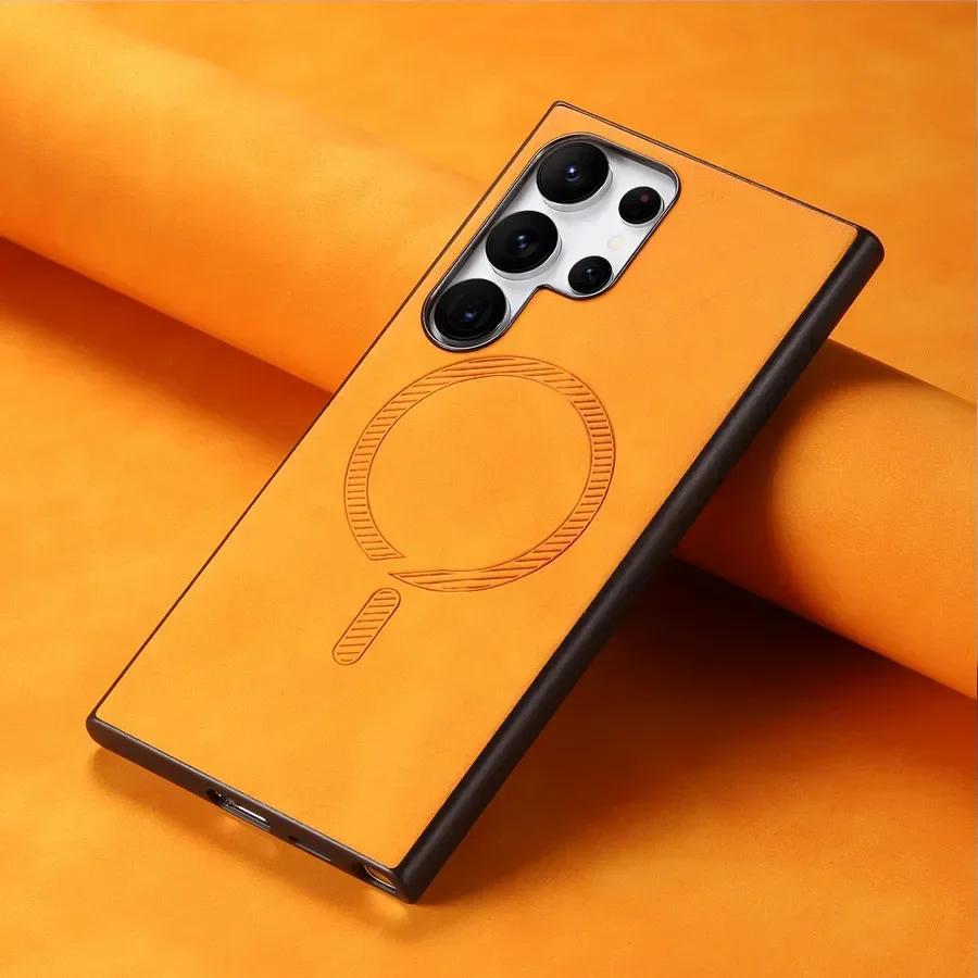 Pouzdro pro Samsung Galaxy S24 Ultra S23 Plus S23FE Kryt pro Magsafe Magnetic Luxury Plain Leather Wireless Charging Shell pro Samsung S24+
