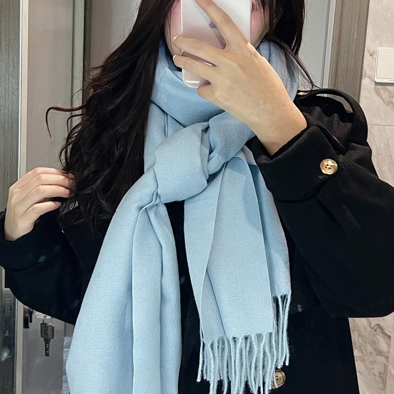 Blue Scarf for Girls with A Sense of Atmosphere in Winter Versatile Solid Color Long Imitation Cashmere Tassel Shawl and Scarf