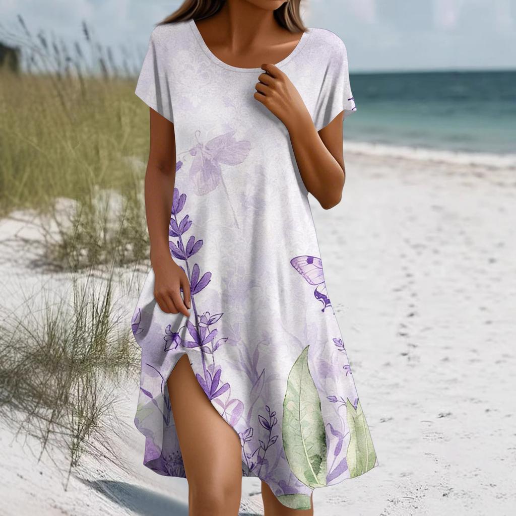 Short Sleeve Boho Dress For Women Casual Loose Fit Summer Sundress Floral Print Dress With Pockets