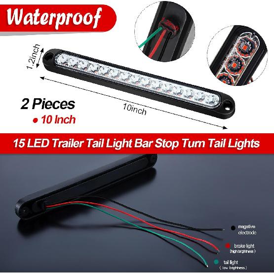 Frienda 2 Pieces 10 Inch 15 LED Trailer Tail Light Bar Stop Turn Tail Lights Assembly Third Brake Strip 9 To 30-Volt Trailer Identification For