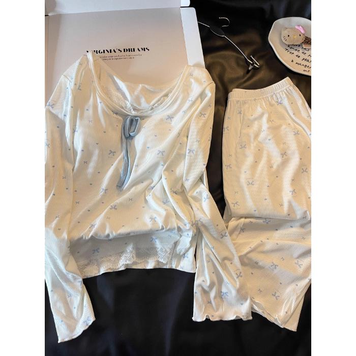 

Korean Sweet Lace Bow Pajamas: Women s Long Sleeve, Long Pants with Chest Pads for Spring/Autumn 2026 XXL