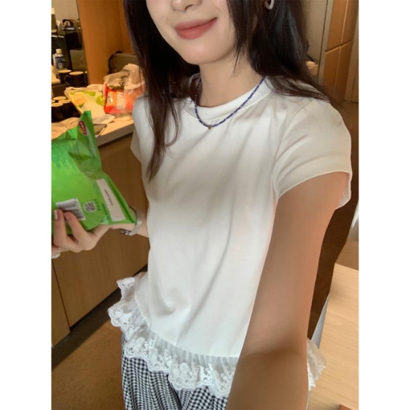 

Женская кружевная футболка с короткими рукавами, летняя, облегающая, с базовой рубашкой, топ в стиле пэчворк XL белый