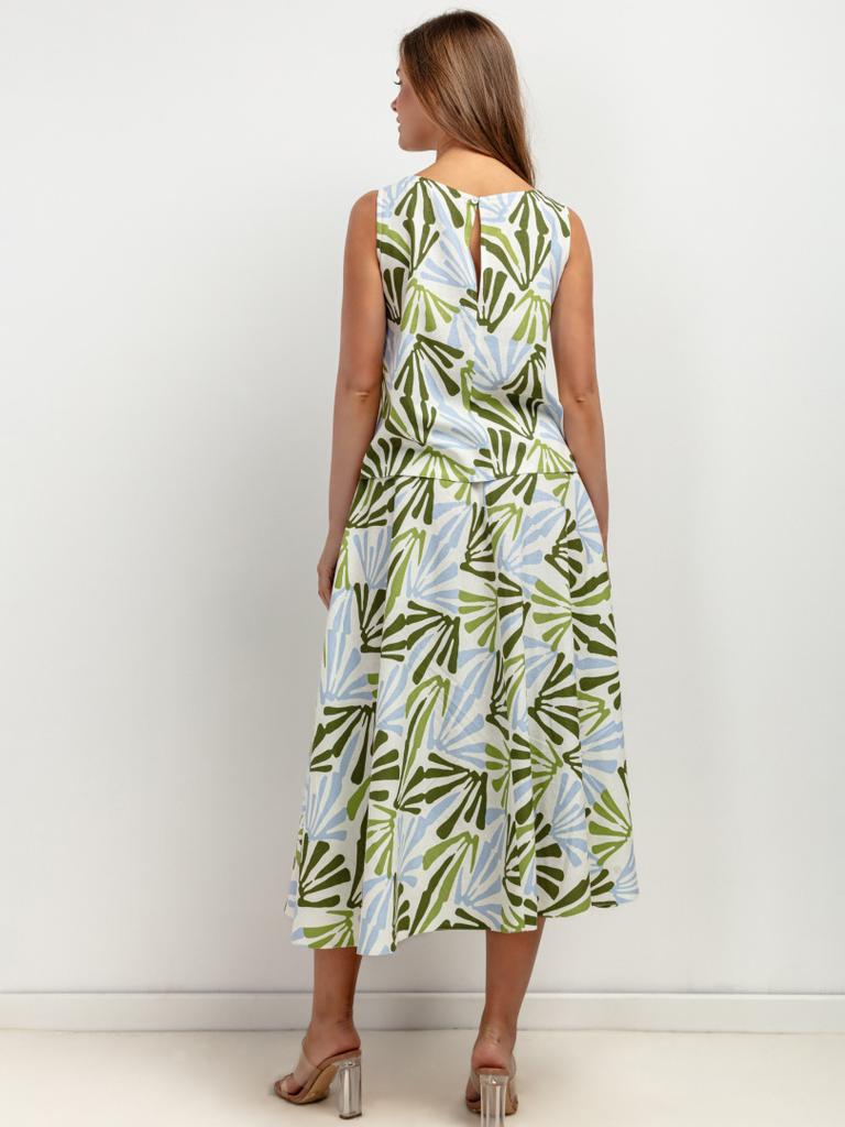 T424 Midi Skirt Green and Blue Pattern