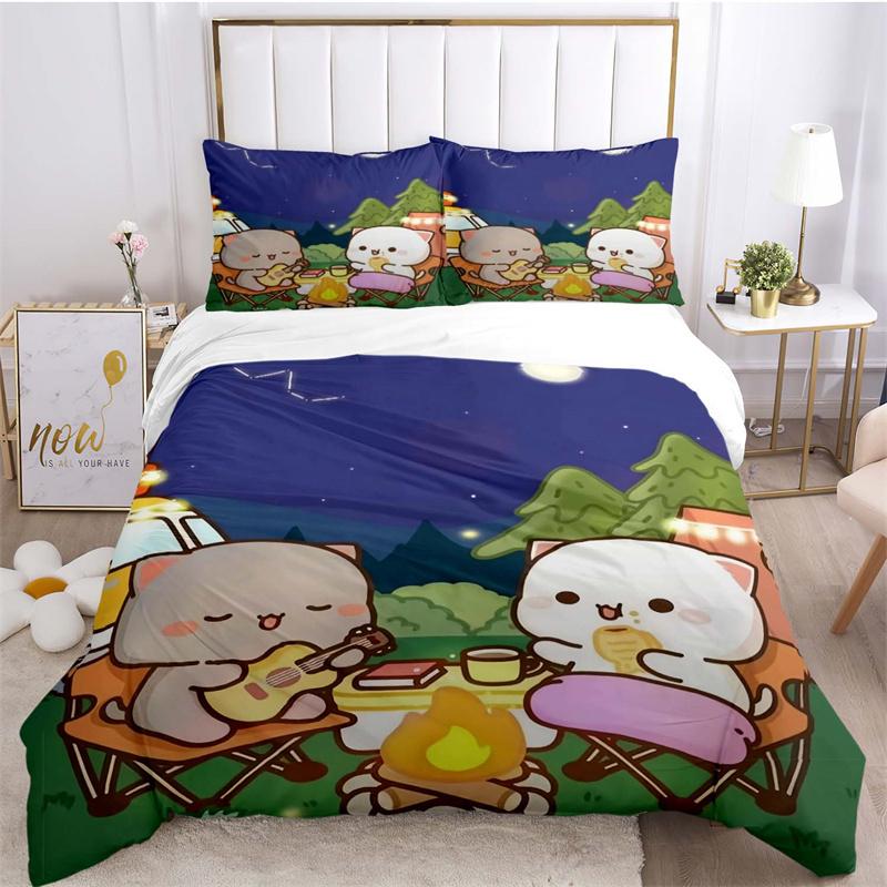 Bear and Bunny on Crescent Moon Print Bedding Set, Night Sky Starry Bed Linen(1 * duvet cover + 2 * pillowcase, without core)