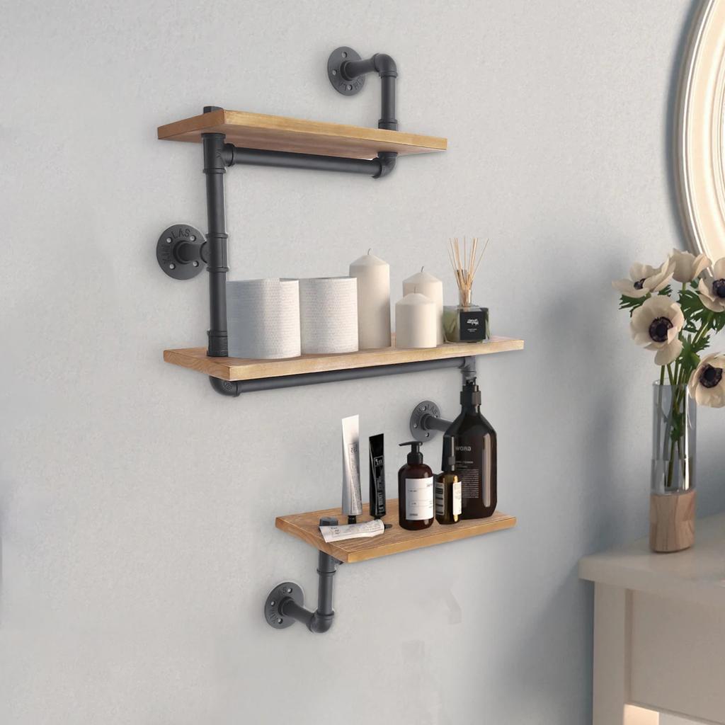 3-tier Vintage Storage Shelf Wall Mounted Industrial Wooden Frame Bookshelf Kitchen Shelf