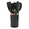 12Pcs Silicone Kitchenware Set Turner Spatula Spoon Non-Stick Heat Resistant Cooking Utensils with Wooden Handles Storage Bucket