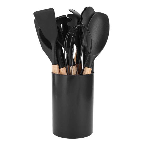 12Pcs Silicone Kitchenware Set Turner Spatula Spoon Non-Stick Heat Resistant Cooking Utensils with Wooden Handles Storage Bucket