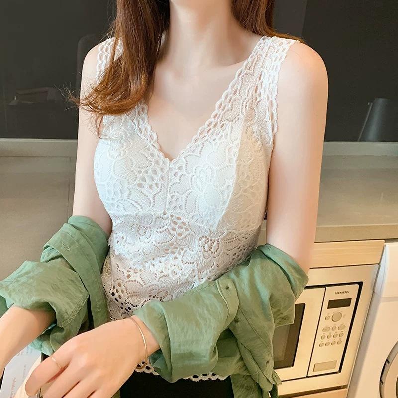 Neues Spitz-Basics-Shirt mit Hohlmuster, sexy Rückseite, Unterwäsche-Westen-Top, Spitzen-Träger-BH für Damen