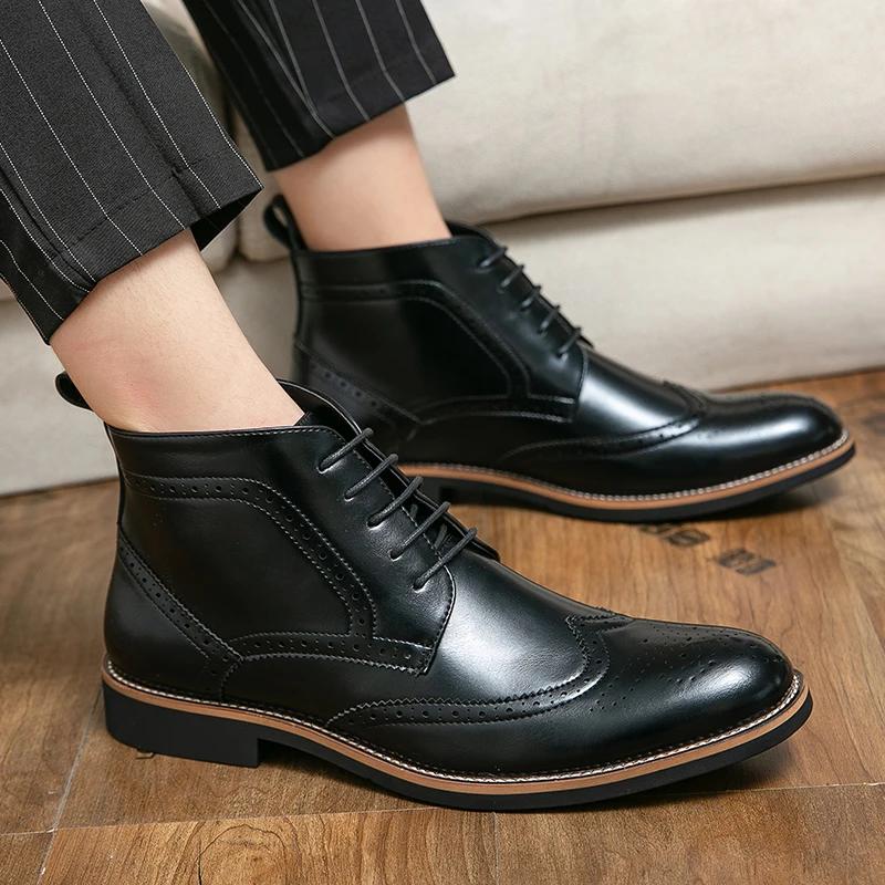 Fashion Italian Style Men's High Top Brogue Shoes Trend Design Men's Workwear Shoes Winter New Ankle Boots Lace Up Pointed Style