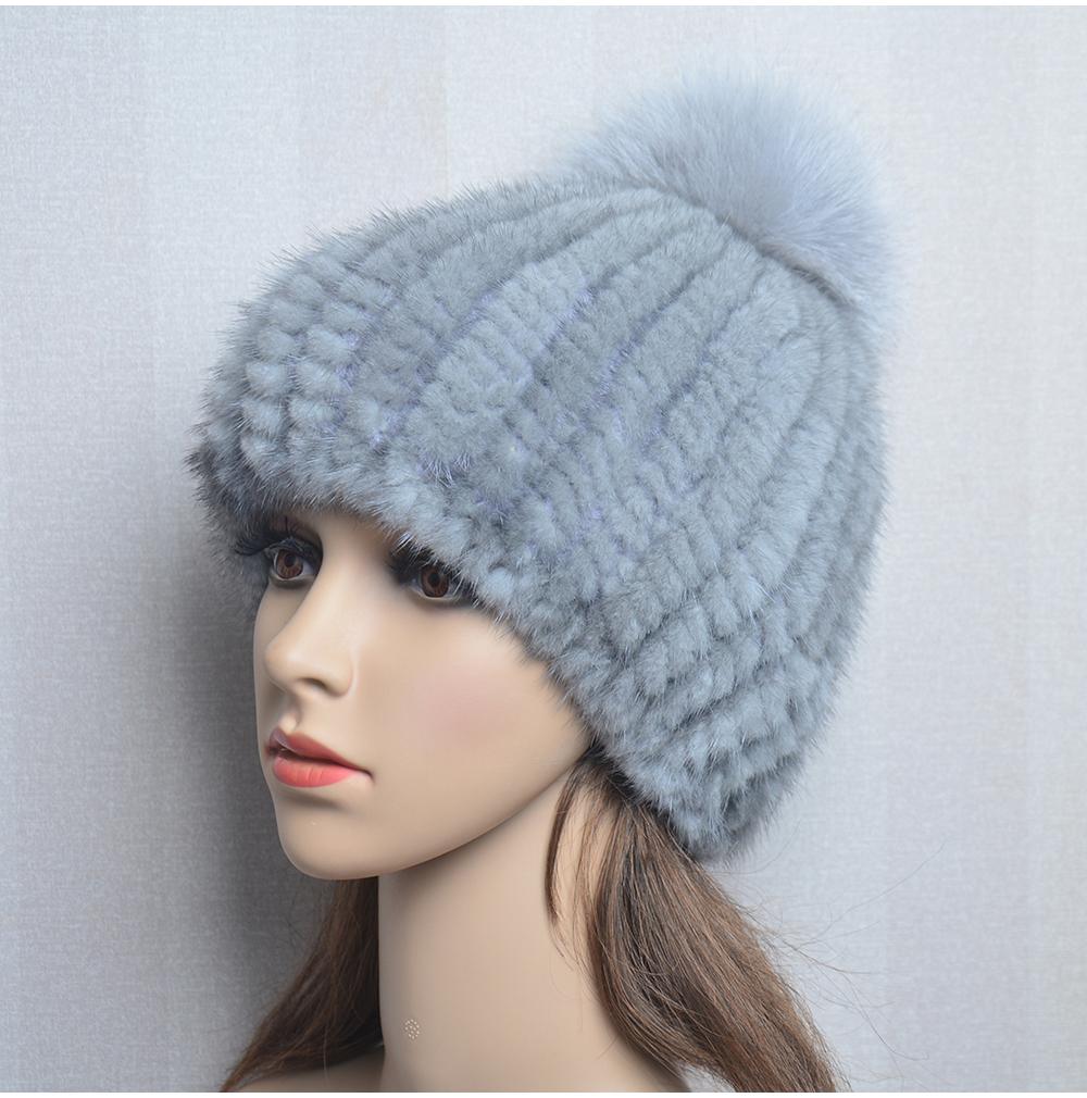 Winter Women Natural Mink Fur Hat Hand Knitted Warm 100% Genuine Mink Fur Cap Russia Lady Real Mink Fur And Fox Fur Pompoms Hats
