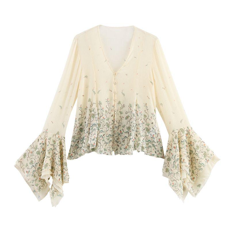 Kaslead New Arrival Women's Fashion Style Flower Print Long Sleeves Translucent Shirt 3752858 069