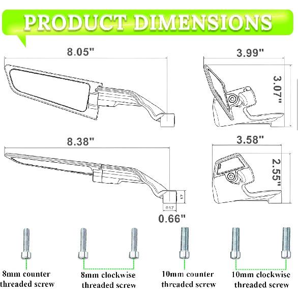 Motorcycle Rear View Mirrors, Adjustable 360° Rotating Stealth Wind Wing Side Mirrors Compatible With Kawasaki Z400 Z650 Z1000 Duke 125 200 250 390