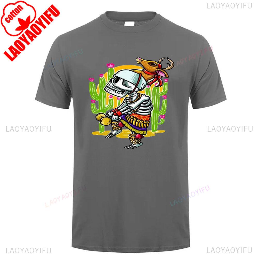 Mexican Skull Pattern Cotton Summer Tee Unisex Short Sleeve Round Neck Retro Style Graphic Shortsleeved Launched Casual Tshirt