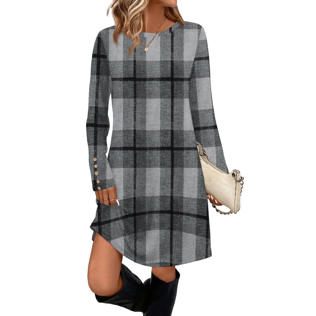 Rochie Casual de Damă la Modă Cu Buzunar, Nasturi Decorativi, Gât Rotund și Mâneci Lungi