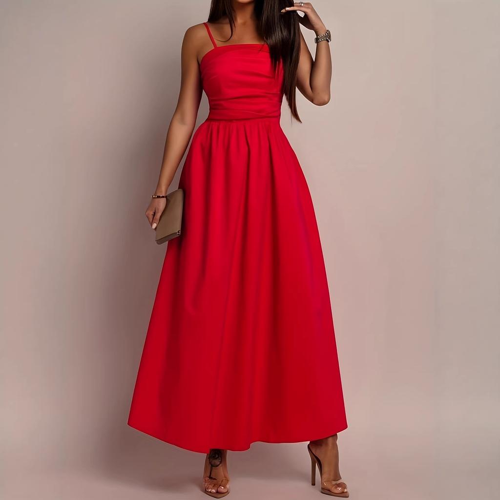 French Pleated Solid Color Suspender Dress Women's Summer New, Elegant Waist Swing Dress Showing Thin and Long