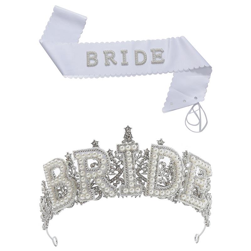 Pearl Lace Bridal Crown & Headband Set with Wavy Edge Sash and Shoulder Straps