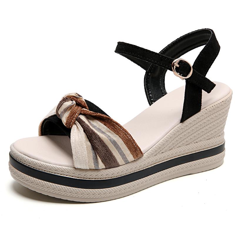 Women's Summer Wedge Sandals Fashion Platform Open Toe Bow Casual Shoes New Black Heightening Lightweight Beach Sandals