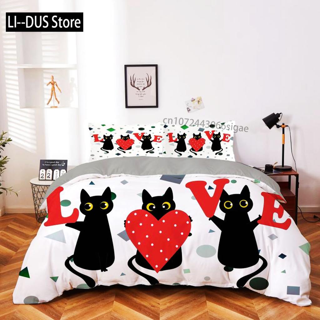 Set Copripiumino Gatto Cartone Animato Microfibra Gattino Nero Cuore Giallo Set Biancheria da Letto 2/3 Pezzi Matrimoniale King Size Copripiumino