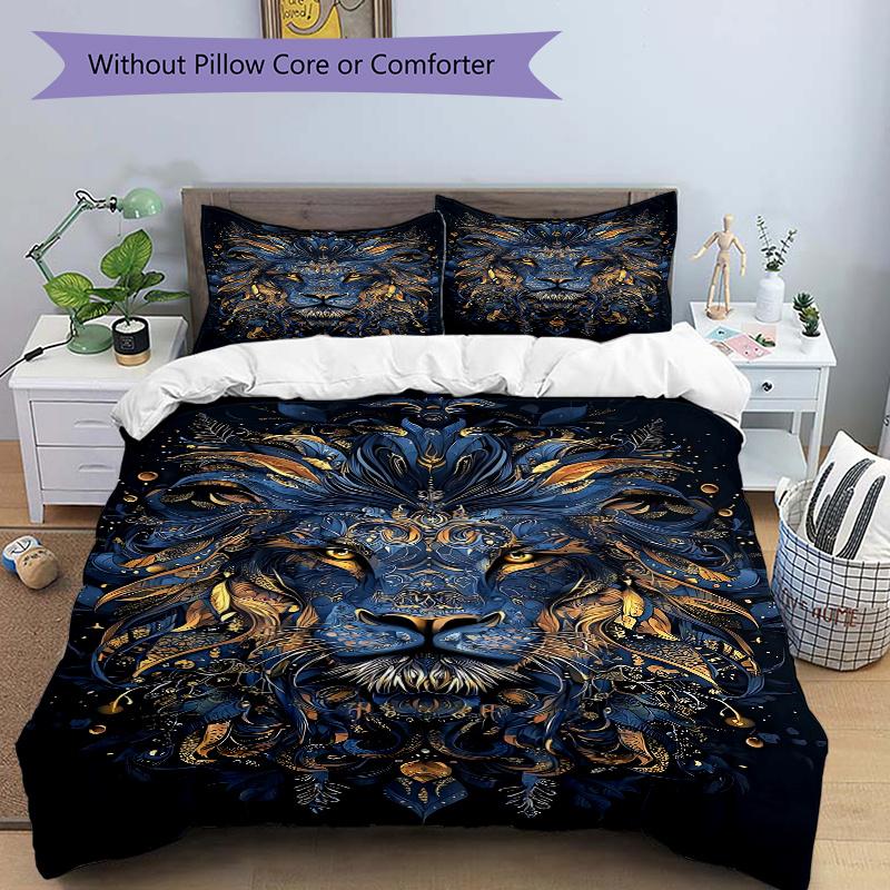 3pcs Blue and Gold Ornate Lion Portrait Print Bedding Set (1 Cover + 2 Pillowcases, Without Inserts), This Printed Bedding Set is Soft and