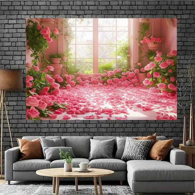 2D Pink Rose Room Backdrop, Floral Window Photography Background for Valentine's Day