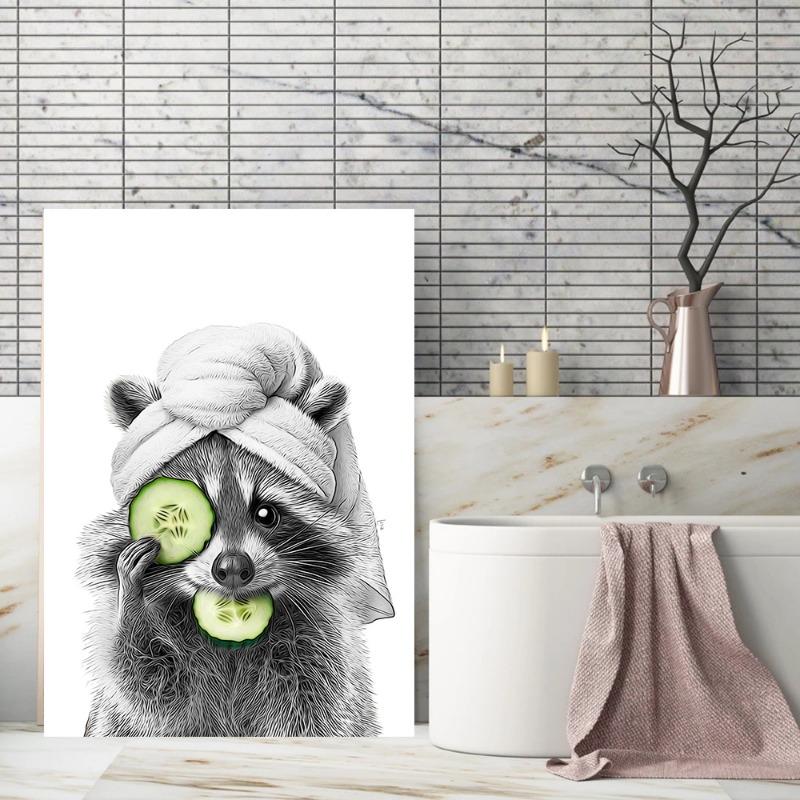 Black and White Funny Bathroom Poster Toilet Shark Bear Raccoon with Brush and Soap Canvas Painting Room  Home Wall Decors