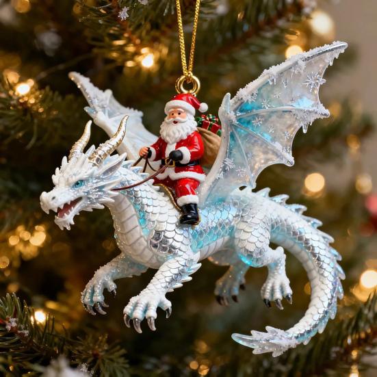 Santa Claus Riding A Dragon Ornaments Fantasy Themed Santa on Dragon Christmas Ornament 2D Acrylic Hanging Decoration for Tree Car Window Yard Decor
