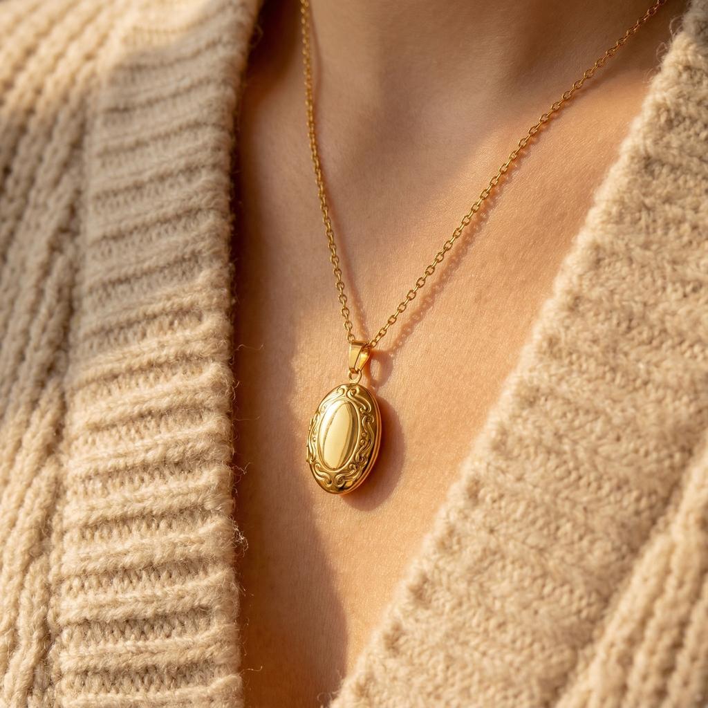 Ovales Medaillon Ästhetische Edelstahl Halskette für Damen Goldfarbe Vintage Blumen Bilderrahmen Anhänger Kette Valentinstagsgeschenk