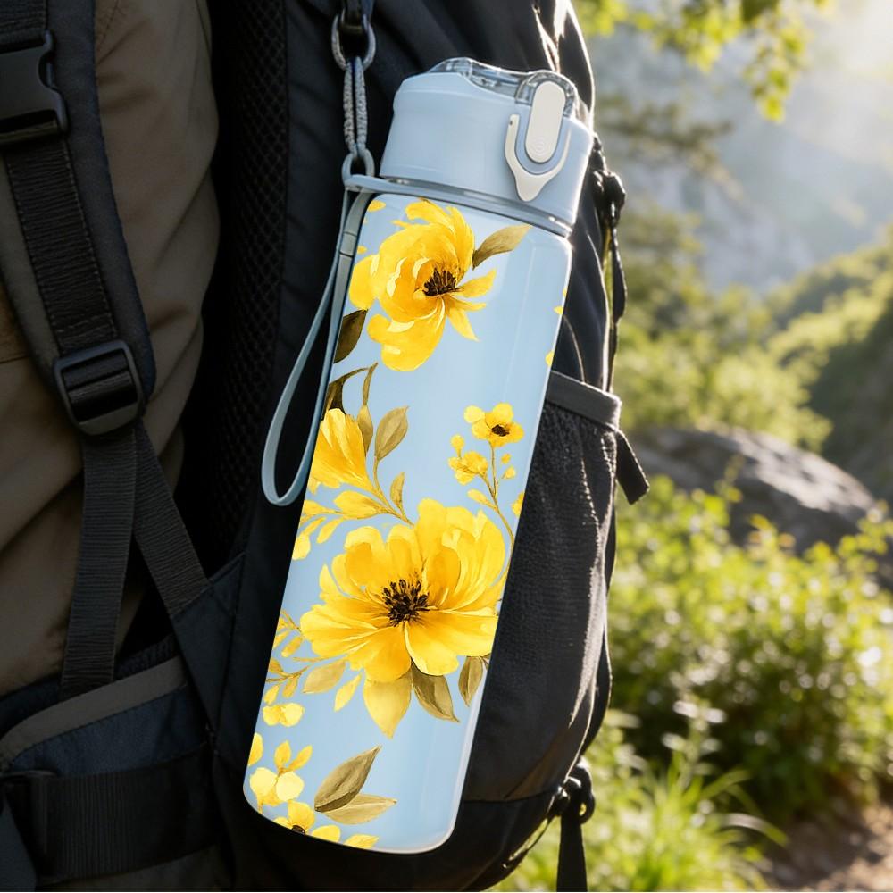 1PC Bright Yellow Chrysanthemum Floral Art 750ml Color Plastic Sports Water Bottle Leakproof Flip Straw Lid Suitable for Sports Office Home Use