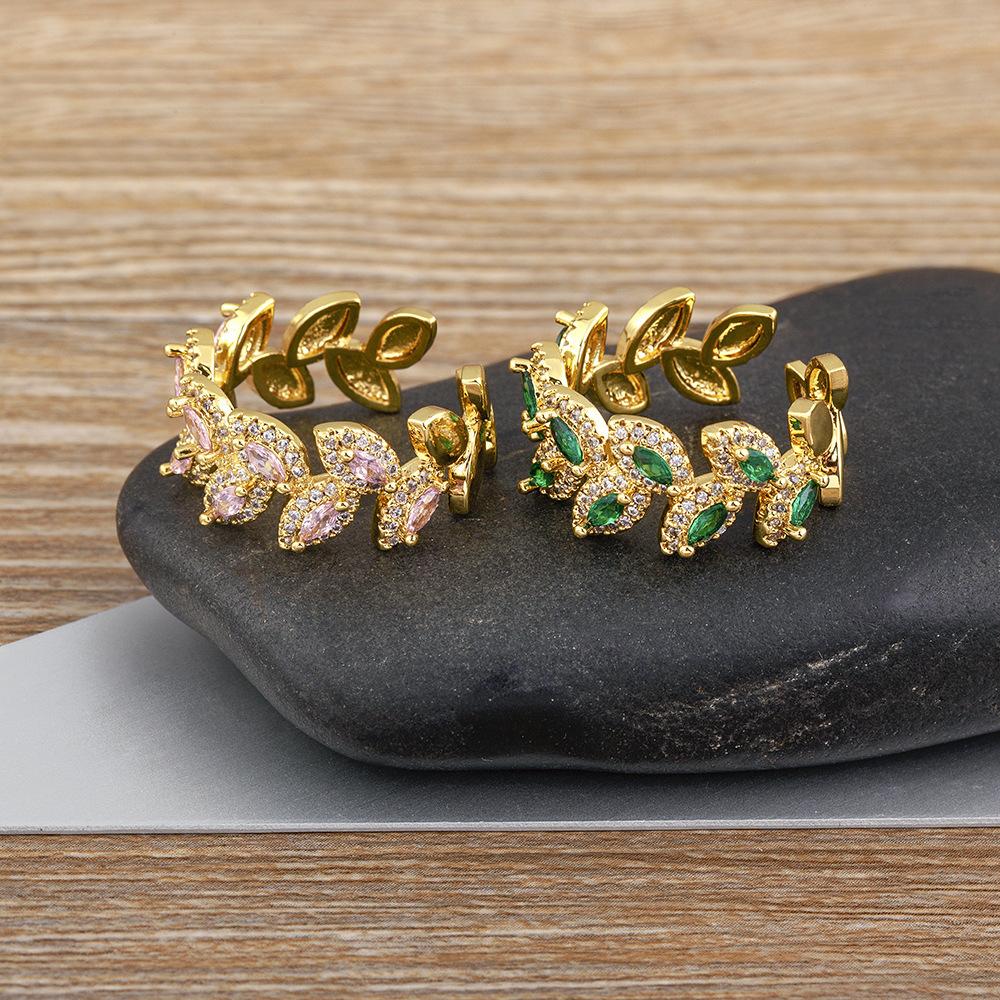 European and American Wide Face Tree Leaf Shaped Inlaid with Colored Zircon Geometric Opening Personalized Ring for Women