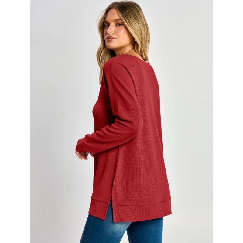 Women S V Neck Loose Long Sleeve Waffle Knit Solid T Shirt