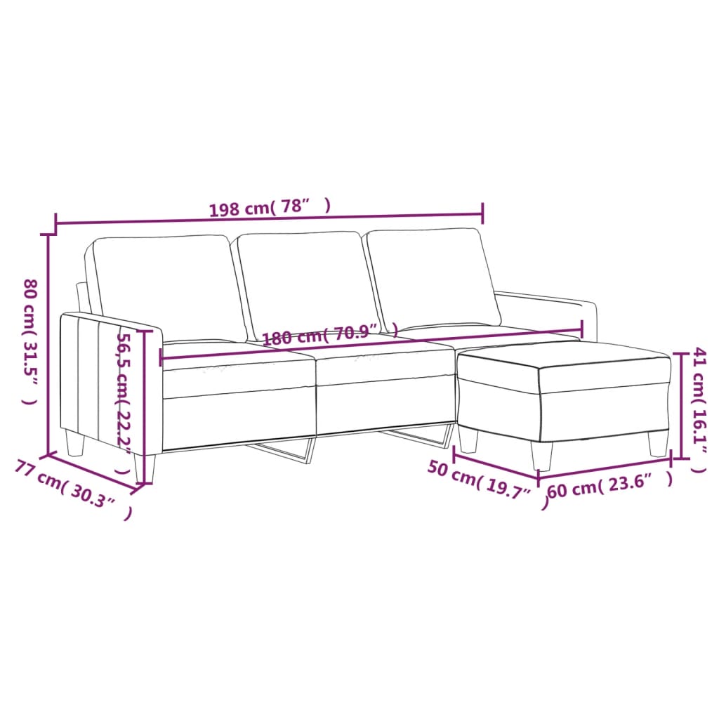 Vidaxl 3-Seater Sofa with Footstool, Grey, 180 Cm, Faux Leather