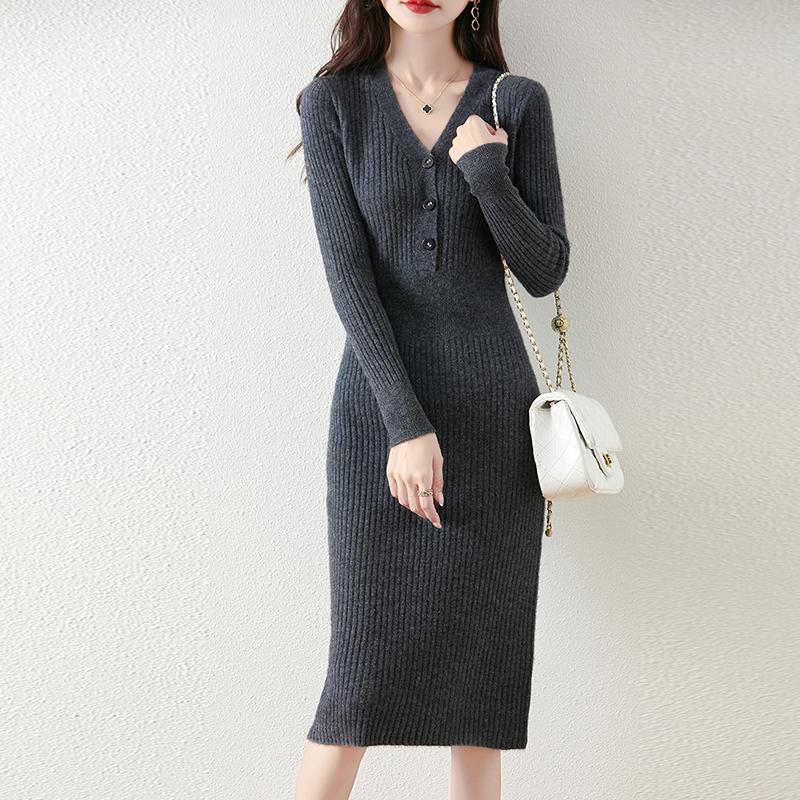 Dame Genser Kjole 100 % Ull MODERN NEW SAGA V-hals Strikk Lang Pullover Vintergensere Ull Lang Kjole Dame
