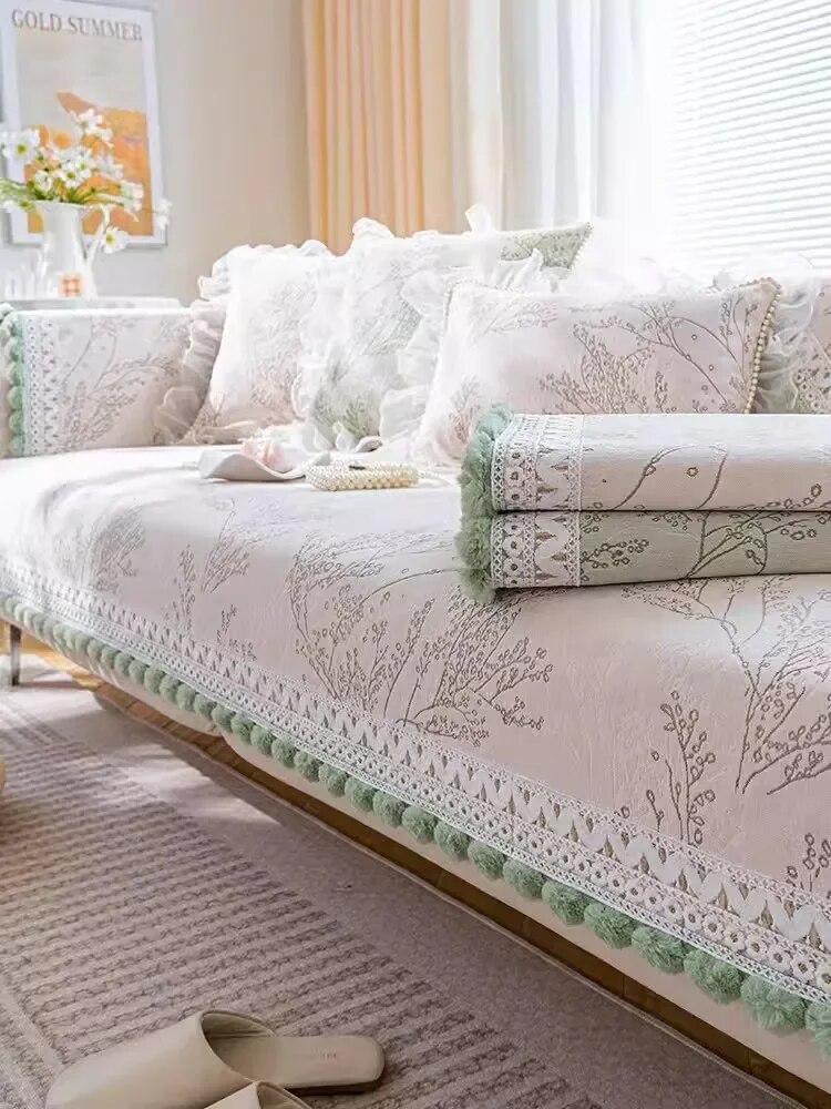 Ball Tassel Sofa Cushion Four Seasons Anti Slip Clean Seat Cushion Mat Plant Flower Light Green Color Daybed Cover Cloth Towel