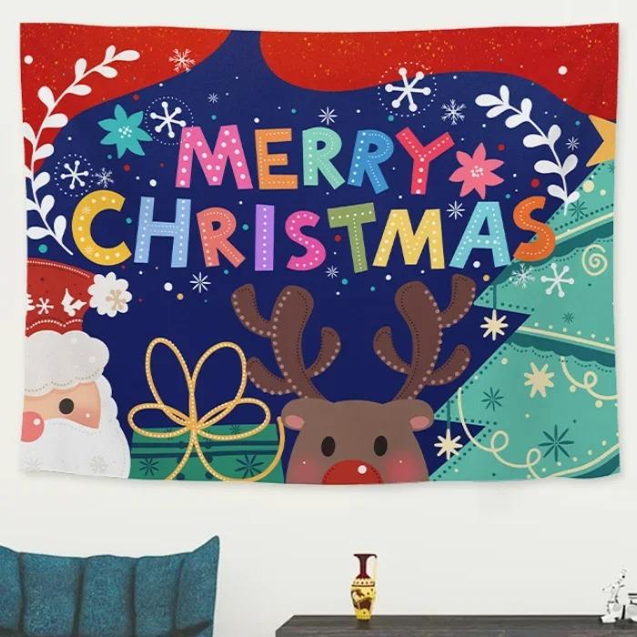Cartoon Santa Claus Pattern Tapestry Home Bedroom Living Room Wall Decoration Christmas Theme Tapestry