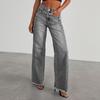 Neue Damen Vintage Gewaschene Gerade Bein Jeans, Lockere Passform Breite Beine Bodenlange Denim Hosen für Lässige Streetwear