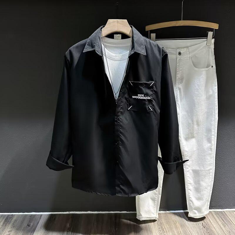 

Мужская повседневная рубашка свободного кроя в гонконгском стиле с длинным рукавом - Весенне-осенний тренд M чёрный