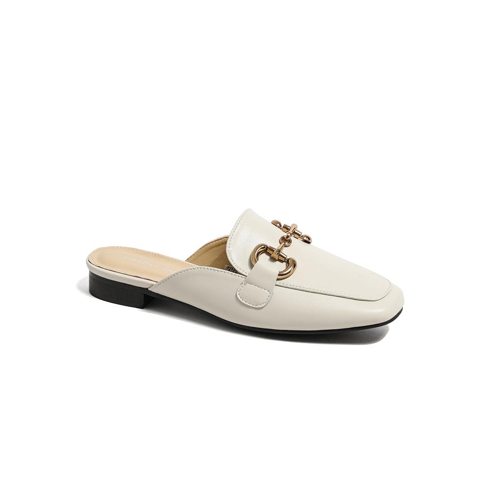 Leather Bag Head Half Slippers Women's Outer Wear 2025 New Horse Buckle Sandals Heelless Lazy Shoes Flat Muller Shoes