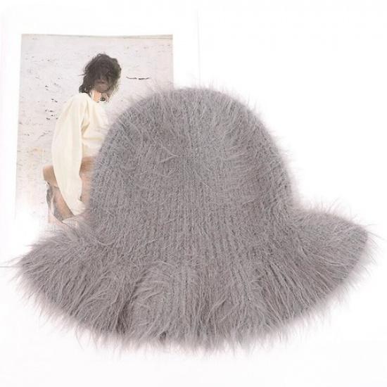 Lady Faux Fur Bucket Knitted Hat Casual Ruffle Warm Fluffy Plush Winter Hat Soft серый