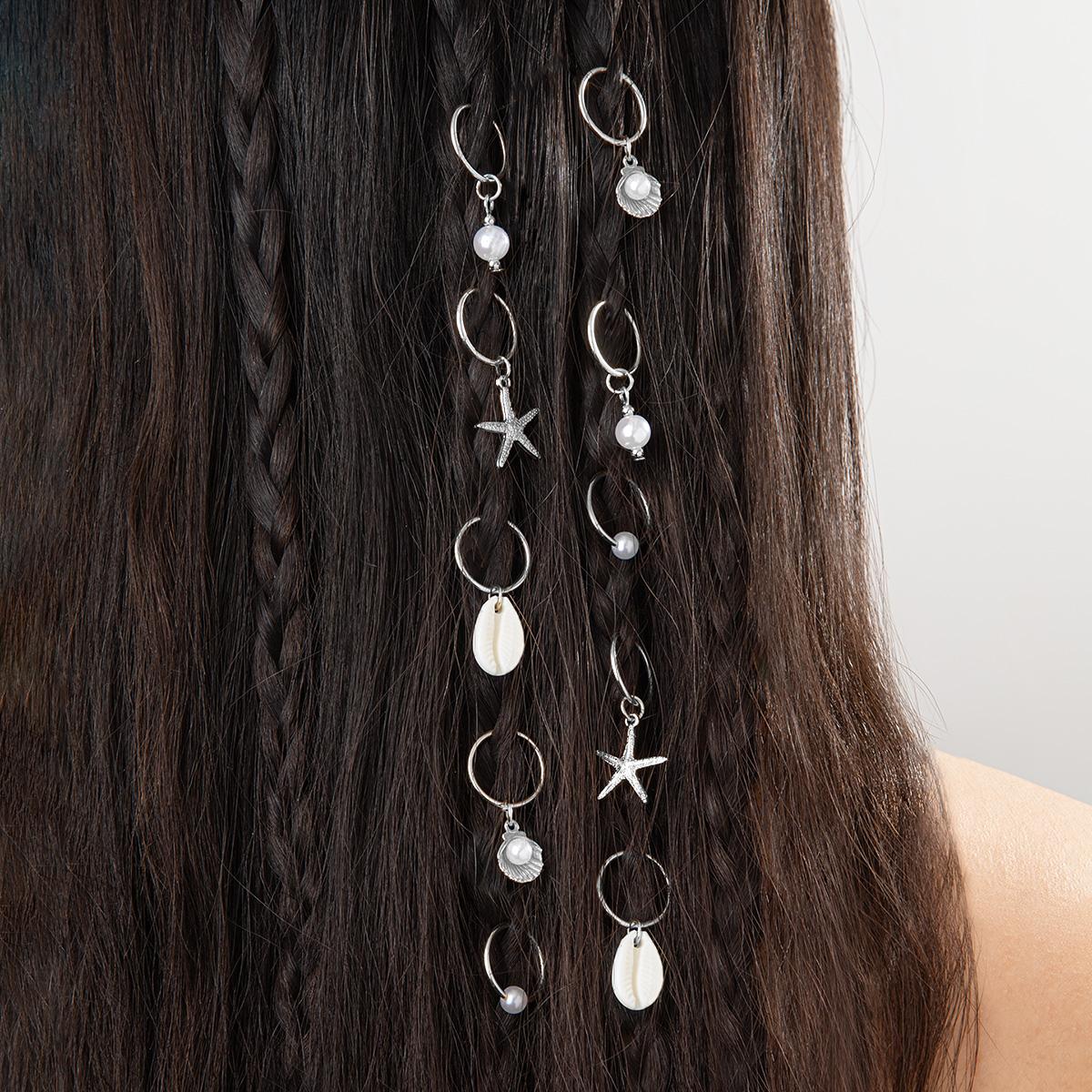 

10pcs Bohemian Style Shell Starfish Braiding Rings, Pearl Shell Dreadlock Beads, Coastal Vacation Style Hair Accessory Set