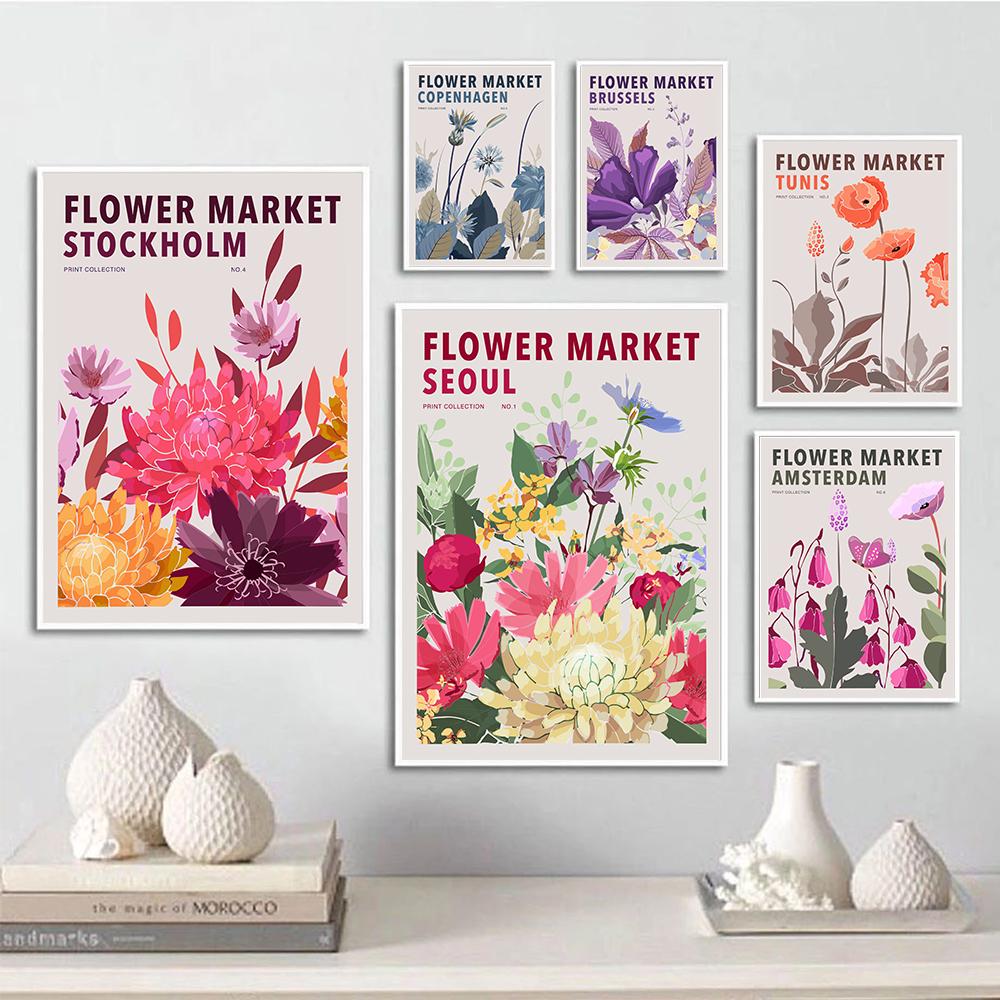 

Цветочный рынок, настенная живопись на холсте, красочные ботанические принты, весенний цветочный постер, полевые цветы, картина для гостиной, домашний декор