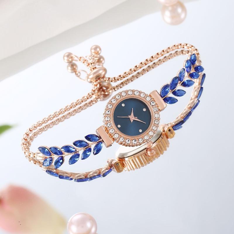 Fashion green leaf thin belt with diamond malachite green round women's watch pull adjustment chain list women's quartz watch