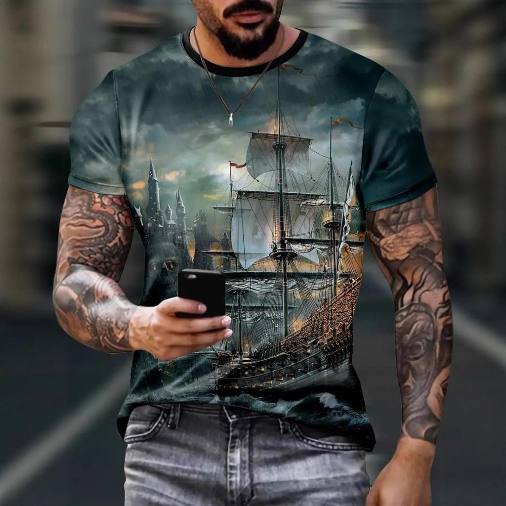 Sommer Rundhals Nautisches Schiff 3D-Druck Top Modische Lässige Kurzarm Herren T-Shirts