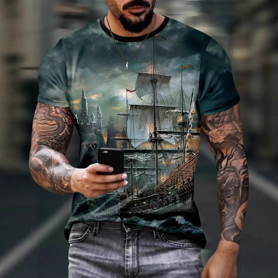 

Летняя футболка с круглым вырезом и 3D-принтом на морскую тематику, модная повседневная мужская футболка с коротким рукавом XS