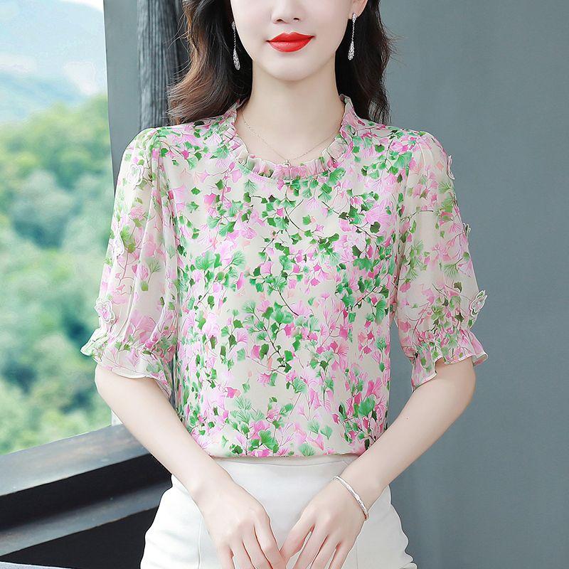 New Fashionable and Age-reducing Temperament Floral Chiffon Women's Short-sleeved Top