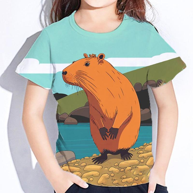 Children's Cartoon Capibala Print Cute Multi-color T-shirts Girls Fashionable Soft Comfortable T-shirt