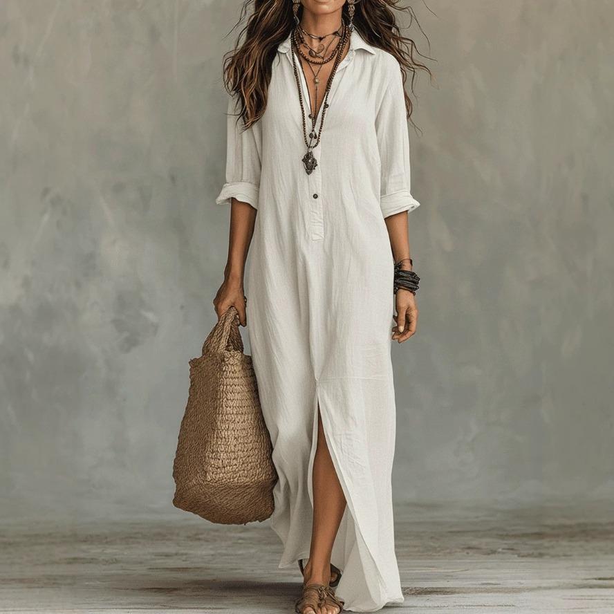 VEZFAA Vestidos casuales de cintura holgada con cuello tipo polo y manga larga con estampado de colores sólidos a la moda para mujer para primavera y otoño