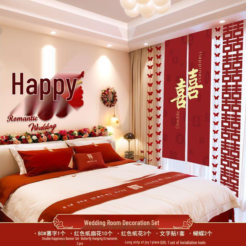 Wedding Room Decor: Double Happiness Banner for Bedroom Headboard & Curtains.