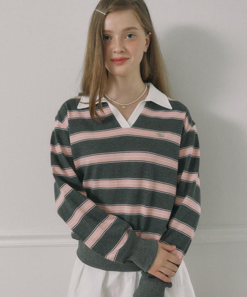 OURHOPE Striped Logo Collar Sweatshirt - Pink