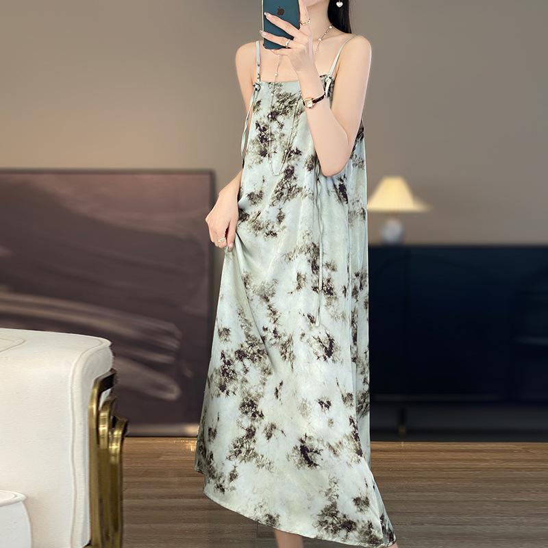 Women's Silk Satin Spring and Summer Floral Halter Dress Show Temperament Elegant Loose National Style Slimming Dress