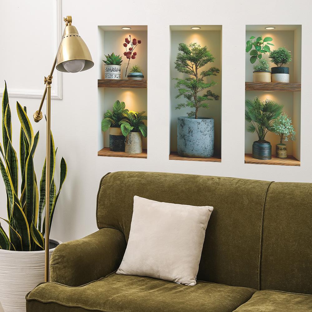 Artificial Green Plant Potted Plant Three-panel Painting, Background Beautification and Decorative Wall Stickers for Living Room and Dining Room